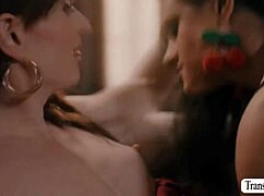 cute shemale dives tongue-first into busty bestie's juicy pussy