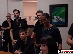 blonde babe's mouth stuffed in wild cock gangbang