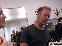 blonde babe's mouth stuffed in wild cock gangbang