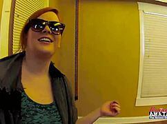 busty redhead carolyn fingers shaved pussy then deepthroats cock for facial cumshot