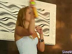 blonde toy fucked hard then drenched in messy bukkake cumshots