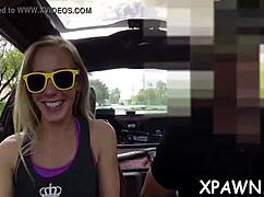 slutty exhibitionist drops to knees sucking cock hard before bending for doggystyle pounding contest