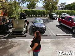 slutty exhibitionist drops to knees sucking cock hard before bending for doggystyle pounding contest