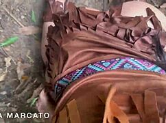 Curvy Brazilian babe bent over in forest for sloppy deepthroat and doggy pounding