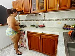 thick latina gets her fat ass pounded bareback in kitchen by huge cock