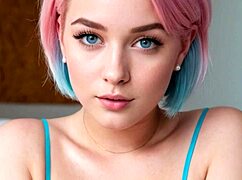 imagine mia pink your exhibitionist girlfriend flashing tits on bed. ai generated cutie teases blue-eyed beauty