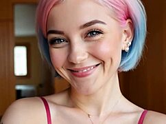 imagine mia pink your exhibitionist girlfriend flashing tits on bed. ai generated cutie teases blue-eyed beauty