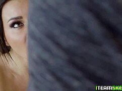 Brunette gulps down stud's throbbing monster cock