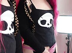 redhead tranny pinky strokes her monster cock n mirror cumshots in lingerie solo