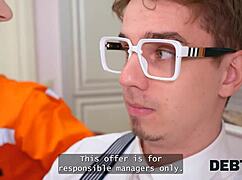 hot debtor polly yangs dances then takes double penetration from two collectors