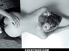 Blonde teen burglar caught stealing punished bent over doggystyle with monster cock