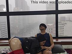 that hot brunette with big ass and blue eyes bares it all fucking bareback by the window for everyone to watch