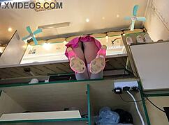 hidden cam catches hot 18 yo brunette slut upskirt pussy at work