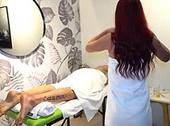 Big butt massage therapist flirts dirty with buff client riding hard