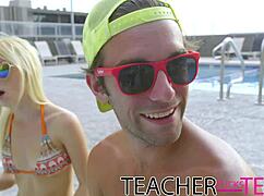 whoa teacher grabs student cock then licks girlfriend pussy in hot quick threesome 😉👅