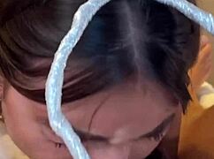 so i'm filming my tall skinny ex brunette as she slurps my monster cock with sloppy deepthroat and natural tits out