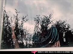 Superbe french neighbor strips naked at window masturbates lingerie off voyeur style