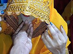 Newly married Indian wife teases with dirty talk then takes creampie doggystyle in bedroom.