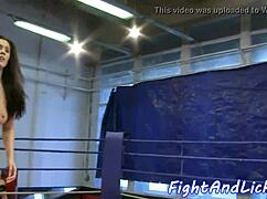 busty euro babe licks tits close up after sweaty wrestling match