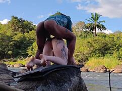 Gangbang romp with three well-endowed guys in the woods