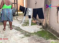 gateman spies horny wife drying clothes then taking dick