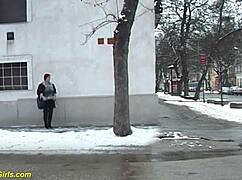 Redhead BBW milf pees outdoors showing huge tits melons