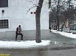 Redhead BBW milf pees outdoors showing huge tits melons