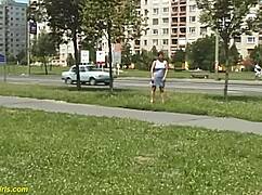 Redhead BBW milf pees outdoors showing huge tits melons