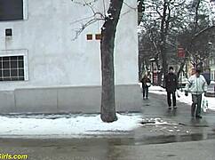 Redhead BBW milf pees outdoors showing huge tits melons