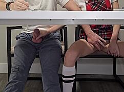 Dialogic-provocative skinny college babe, wanna peek under my desk at wet student pussy?