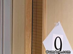 spicy beauty kneels for blowbang bukkake facial swallowing every hot cum load