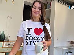 step sis in doggystyle shirt gets seduced bent over for creampie