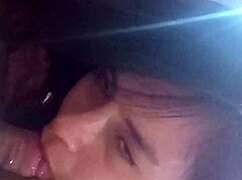 he shoves cock in her mouth waking her up for hot blowjob then she rides to creampie orgasm.