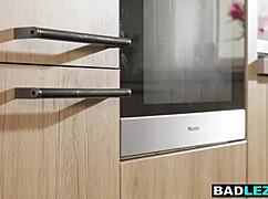 Blonde roommate surprises petite lesbian milf with icy dildo rail in dorm chaos.