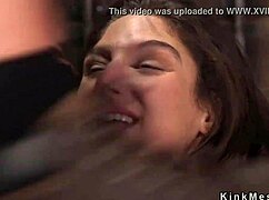 Brunette slave bound for brutal anal assfucking deepthroat choking and spanking