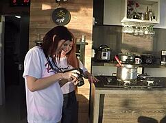 sensual kitchen shoot with latina turns into creampie sex with her assistant