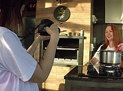 sensual kitchen shoot with latina turns into creampie sex with her assistant