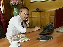 Blonde Step Mom In Red Latex Bent Over Desk Fucked Doggystyle Cumshot