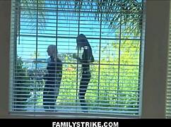 Tiny blonde stepdaughter and skinny brunette cousin team up on stepdad for threesome