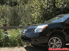 Bound submissive girl whipped hard outdoors in fetish casting