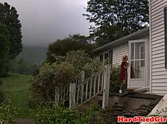 Bound submissive girl whipped hard outdoors in fetish casting