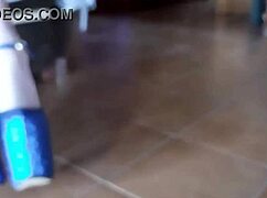 she struts in ankle boots with blue super high heels and latina stockings