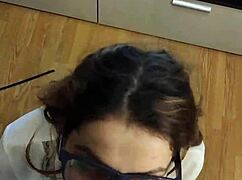 teacher slut takes hard fuck then gets cum splash on her glasses and ass