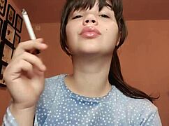 Close-Up Latina Femdom Slave Smokes with Glossy Big Lips Piercing Tongue