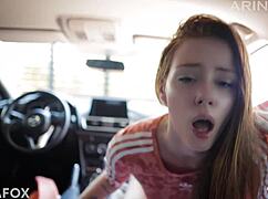 Stepfather pounds stepsister's shaved pussy in stepmom's car during quickie POV fuck