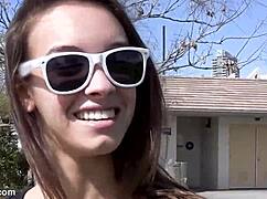 Bent over outdoor, brunette rides cock to creampie explosion 😏💦