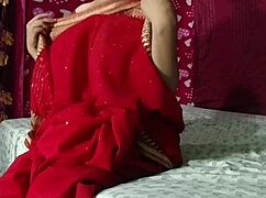 Elegant Indian bhabhi in red sari charms her neighbor upstairs