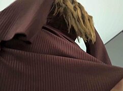 busty babe in dress flaunts big natural tits for cumshot