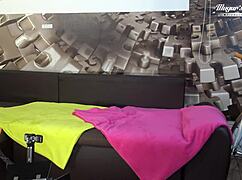 Behind the scenes, hairy Christina Santes gets fucked hard by Mugur with creampies and squirts!