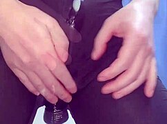 crossdressing slut in tight short leggings takes anal pounding from machine till massive cumshot.